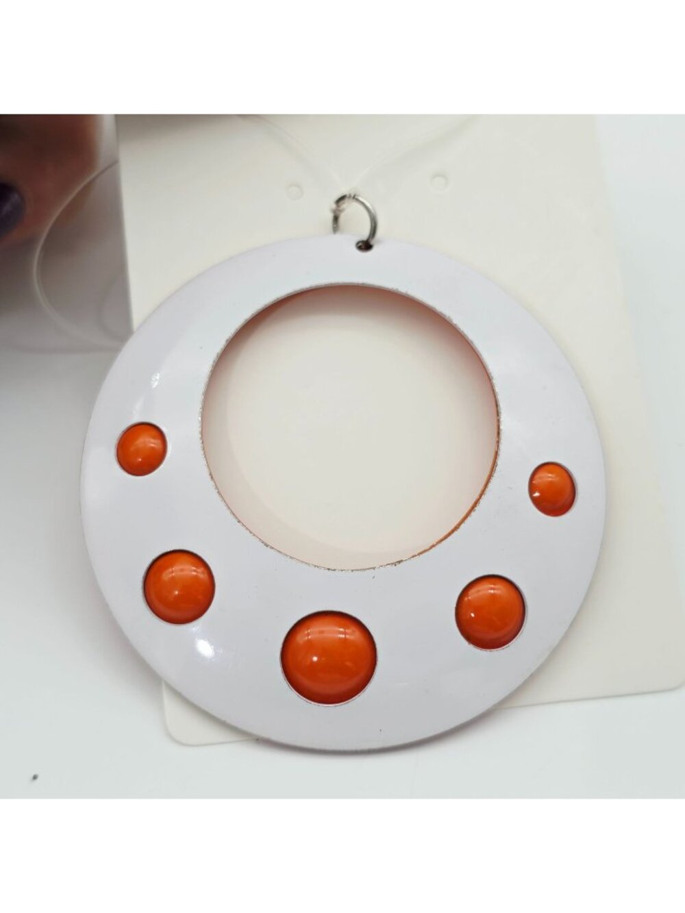 Retro Round Pendant With Orange Dome Accents White & Orange Enamel MCM 3.5"